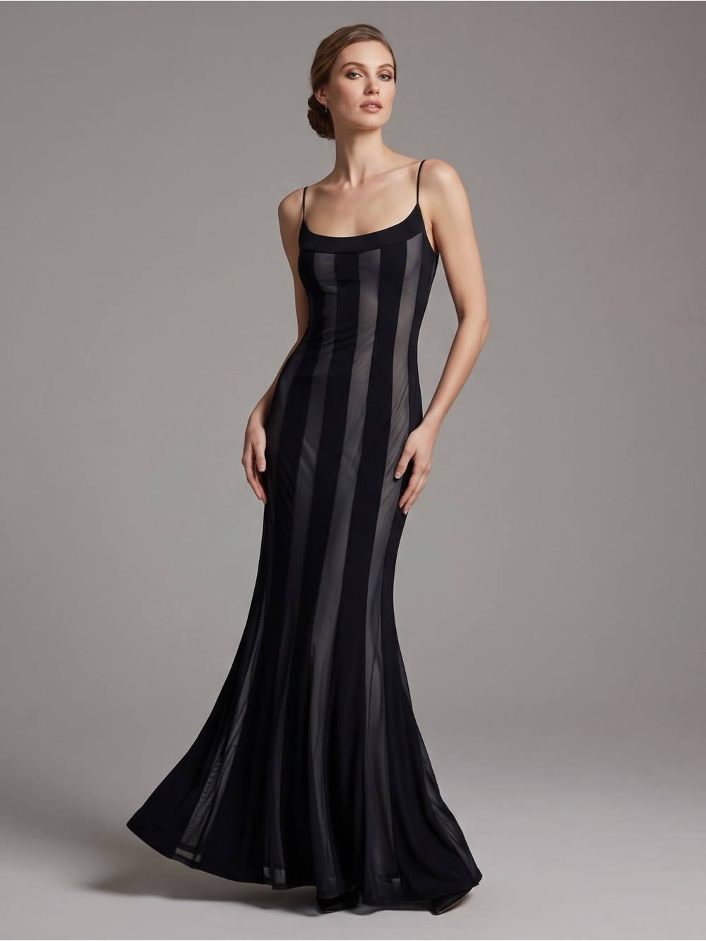 Vintage A.B.S. Evening by Allen Schwartz Black Sheer Striped Maxi Dress Size S